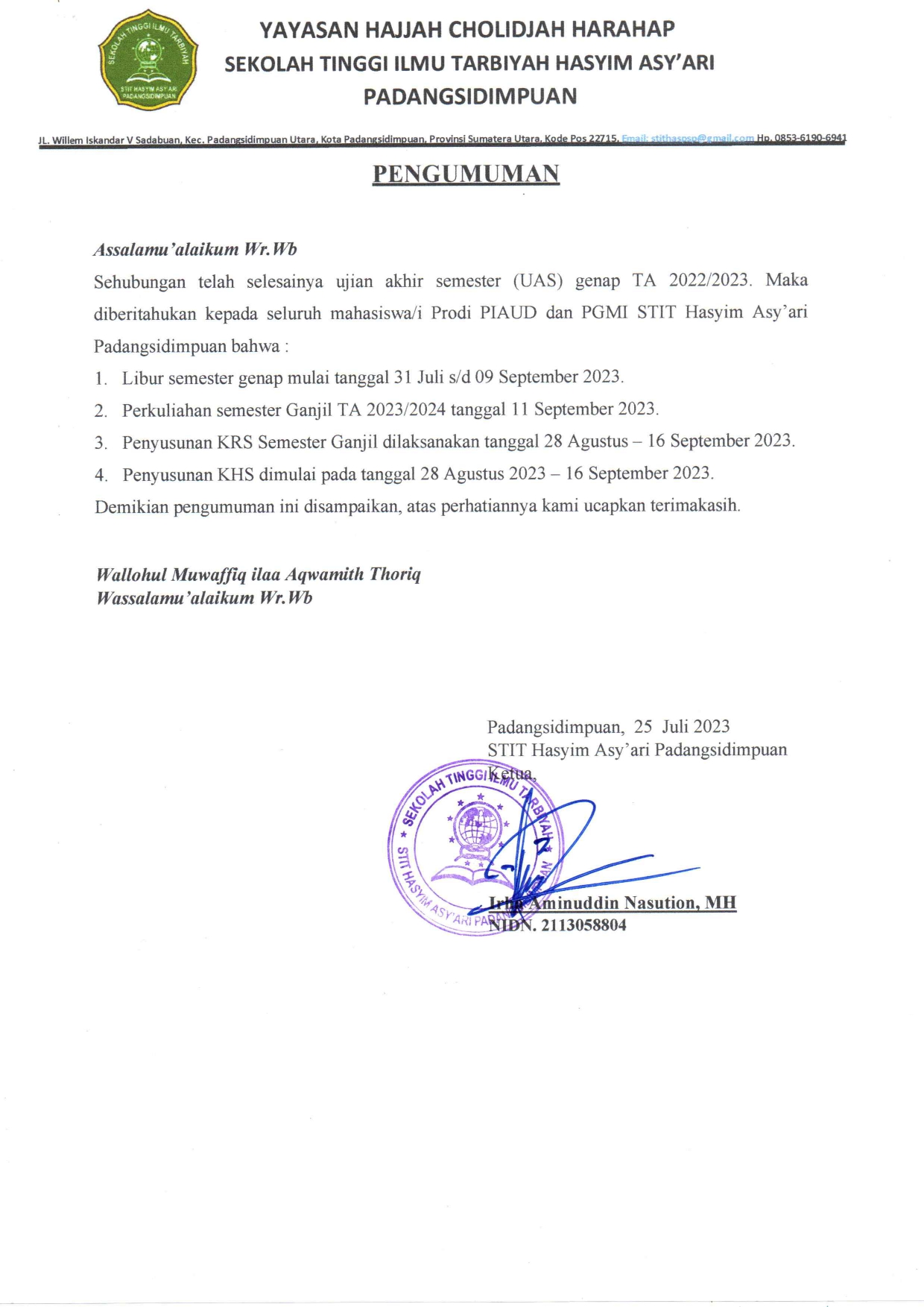 PENGUMUMAN LIBUR DAN MASUK KULIAH TAHUN AJARAN 2023/2024