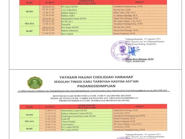 ROSTER PERKULIAHAN SEMESTER GANJIL T.A 2023/2024
