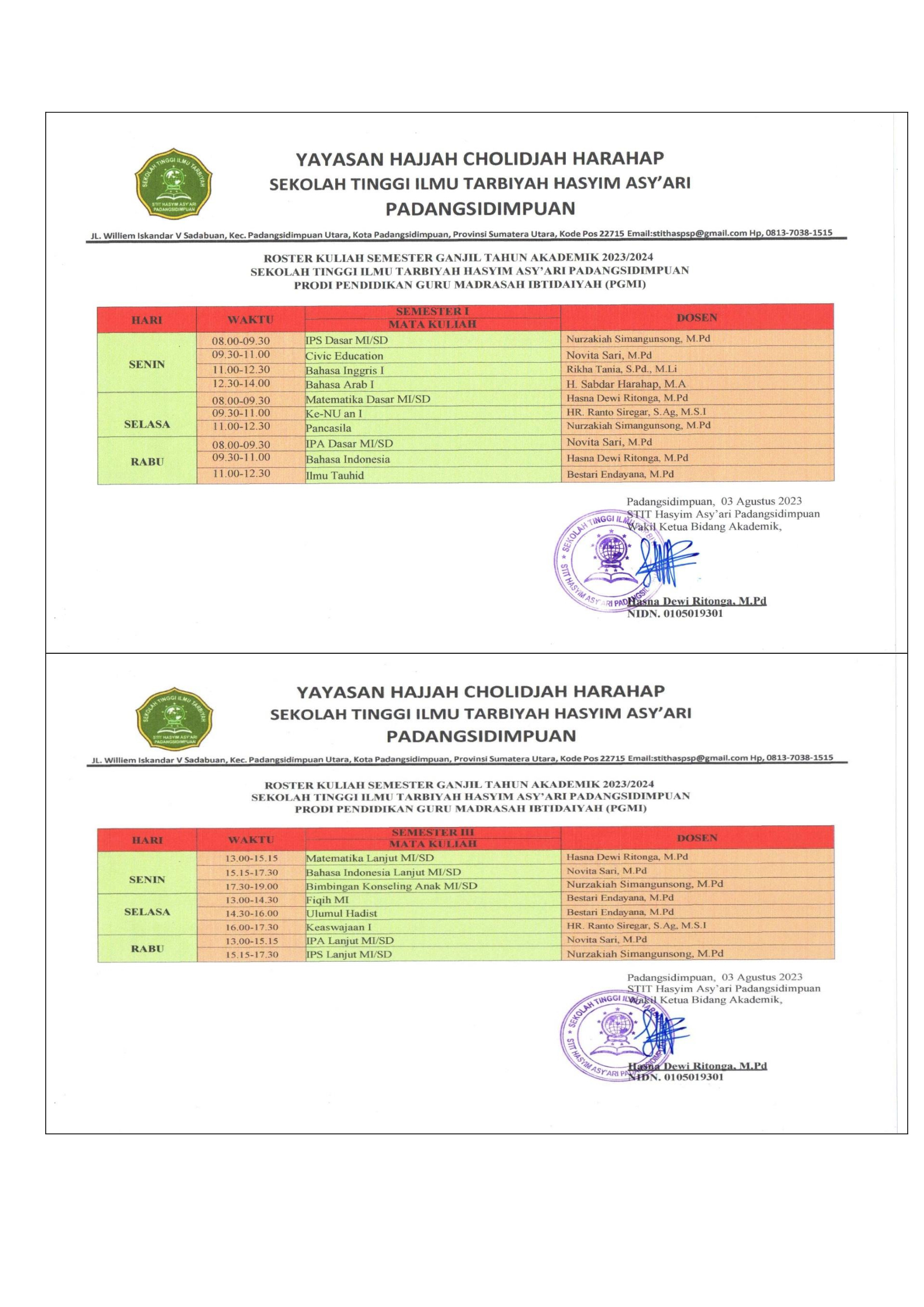 ROSTER PERKULIAHAN SEMESTER GANJIL T.A 2023/2024