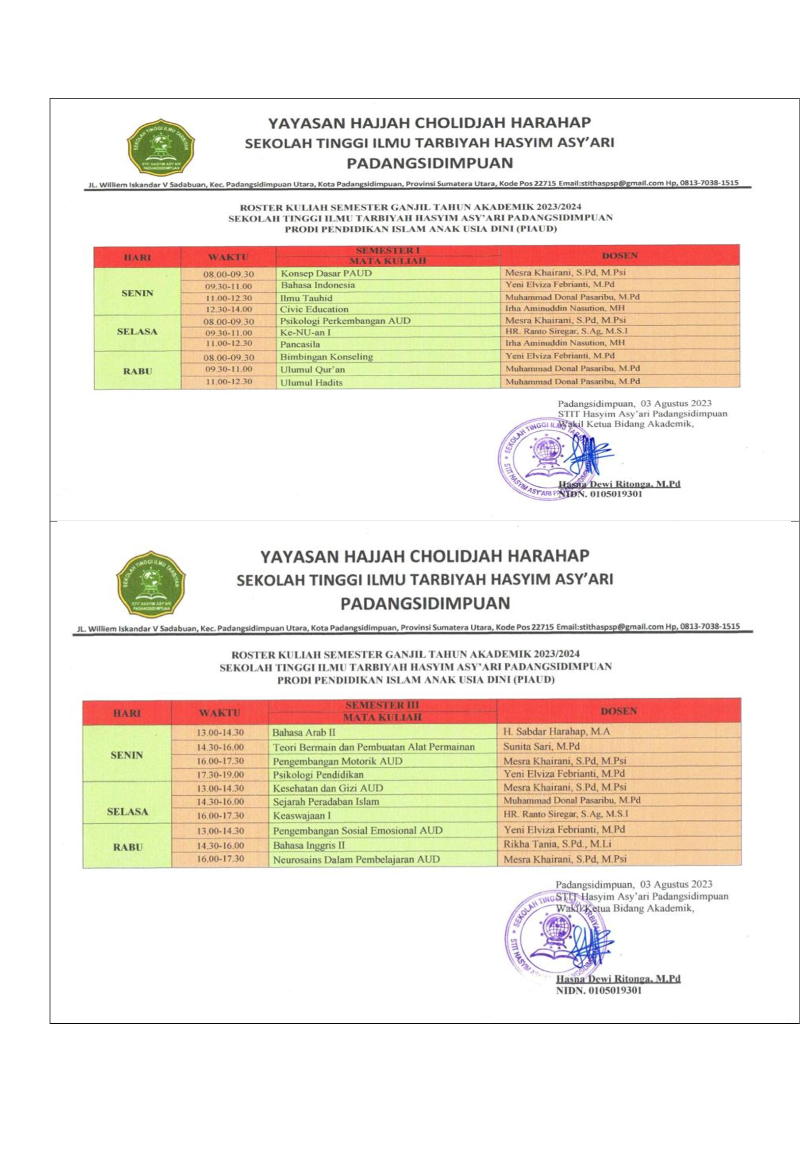 ROSTER PERKULIAHAN SEMESTER GANJIL T.A 2023/2024