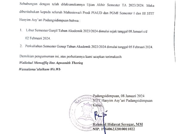 PENGUMUMAN LIBUR SEMESTER GANJIL TAHUN AJARAN 2023/2024