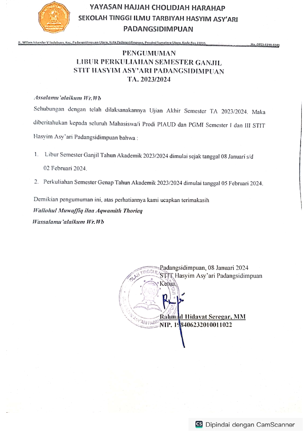 PENGUMUMAN LIBUR SEMESTER GANJIL TAHUN AJARAN 2023/2024