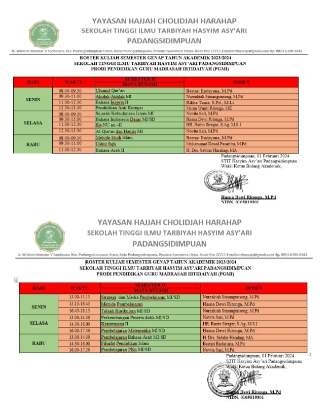 ROSTER PERKULIAHAN SEMESTER GENAP T.A 2023/2024