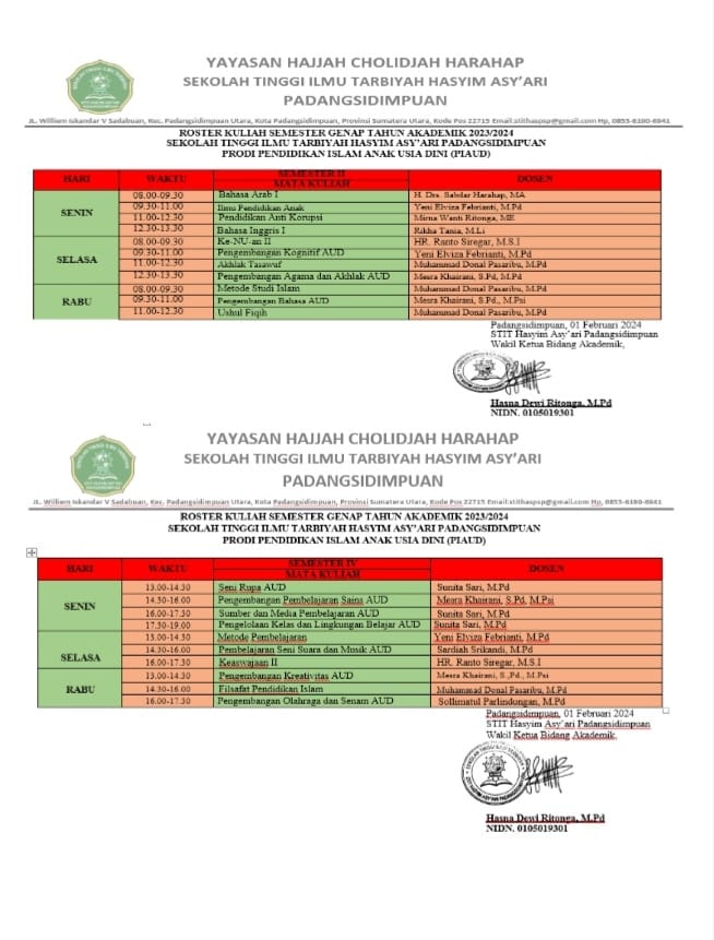 ROSTER PERKULIAHAN SEMESTER GENAP T.A 2023/2024