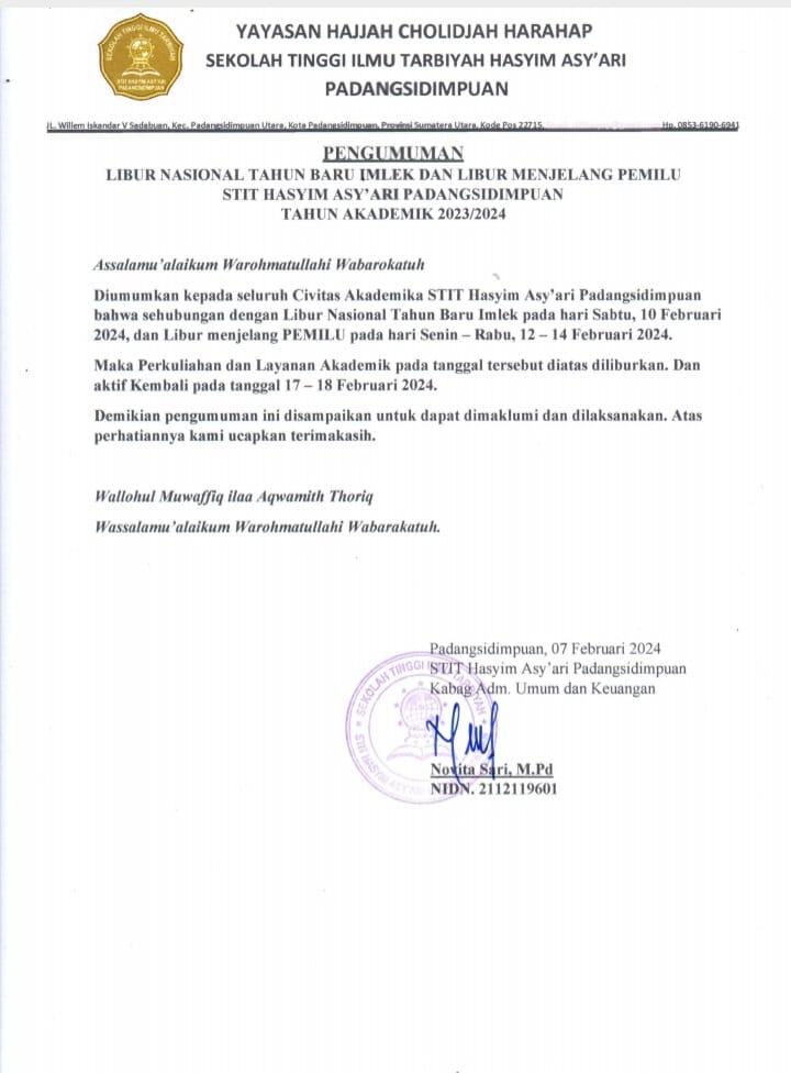 PENGUMUMAN LIBUR IMLEK DAN MENJELANG PEMILU