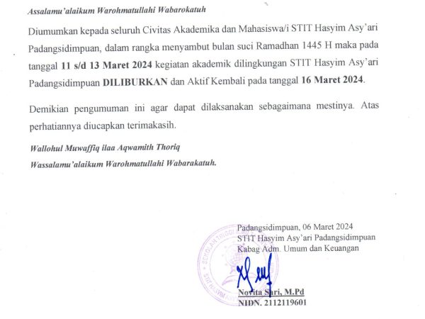 PENGUMUMAN LIBUR PENYAMBUTAN BULAN SUCI RAMADHAN 1445H