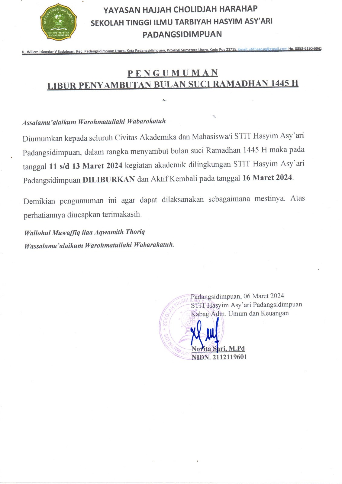 PENGUMUMAN LIBUR PENYAMBUTAN BULAN SUCI RAMADHAN 1445H