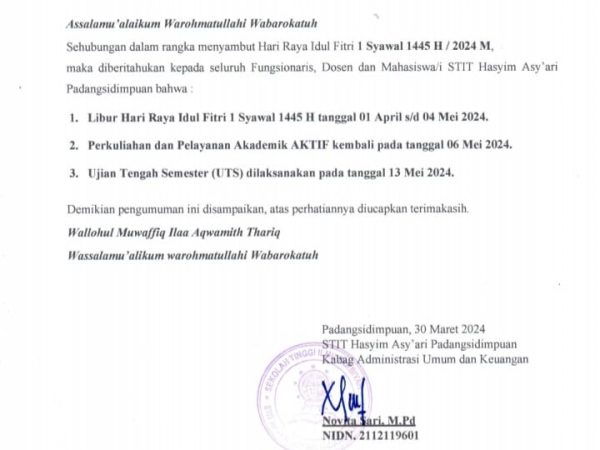 PENGUMUMAN LIBUR HARI RAYA IDUL FITRI 1445 H / 2024 M SEKOLAH TINGGI ILMU TARBIYAH HASYIM ASY'ARI PADANGSIDIMPUAN