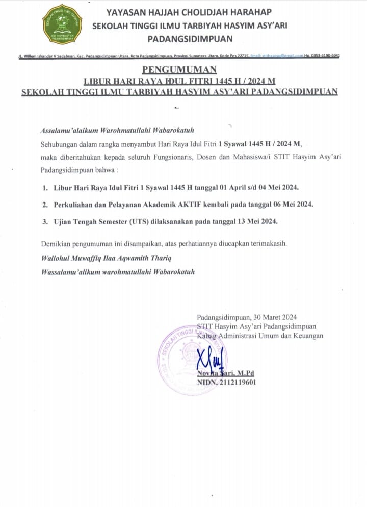 PENGUMUMAN LIBUR HARI RAYA IDUL FITRI 1445 H / 2024 M SEKOLAH TINGGI ILMU TARBIYAH HASYIM ASY'ARI PADANGSIDIMPUAN