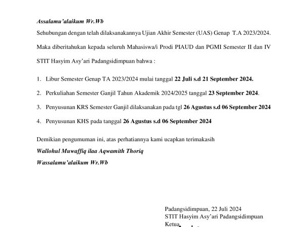 PENGUMUMAN LIBUR SEMESTER GENAP TA 2023/2024 STIT HASYIM ASY'ARI PADANGSIDIMPUAN