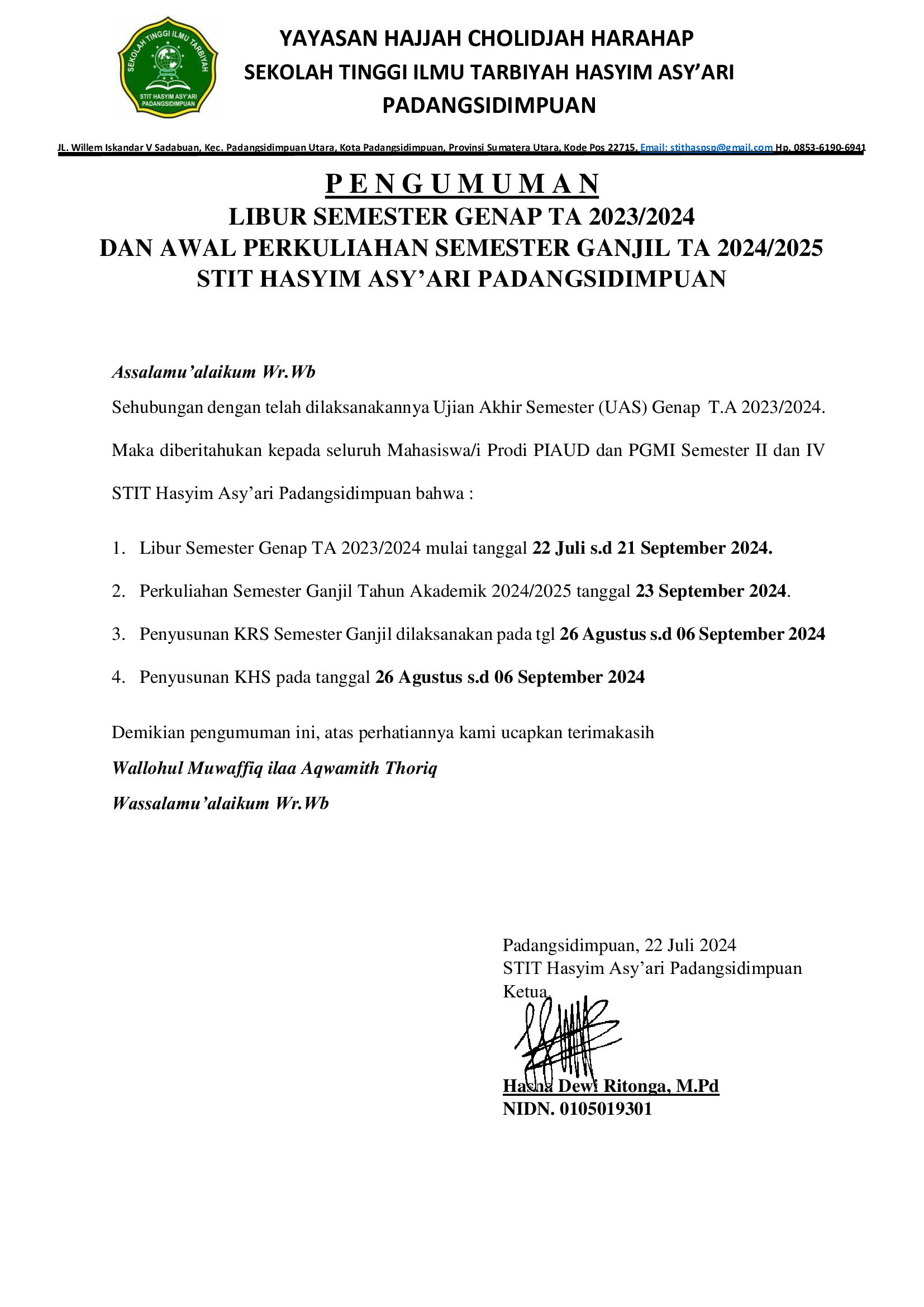 PENGUMUMAN LIBUR SEMESTER GENAP TA 2023/2024 STIT HASYIM ASY'ARI PADANGSIDIMPUAN